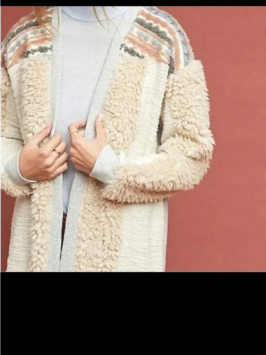 Anthropologie Amadi Textured Sherpa Cream and Tan Sherpa-Detail Cardigan sz S - Picture 2 of 8